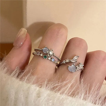 DAIIIBABYYY  -  Korean Fashion Blue Moonlight Stone Heart Rings Women Elegant Light Luxury Exquisite Shining Bow Knot Finger Ring Jewelry Gifts